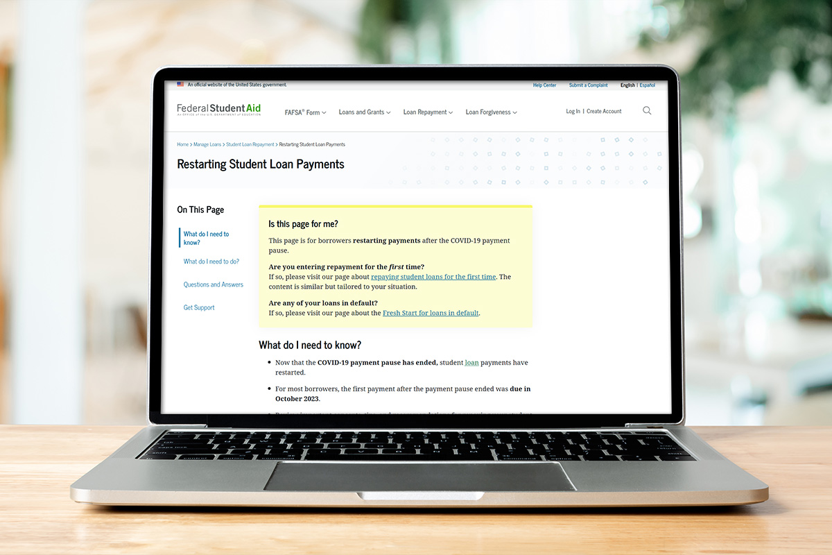 Laptop computer showing the Federal Student Aid website
