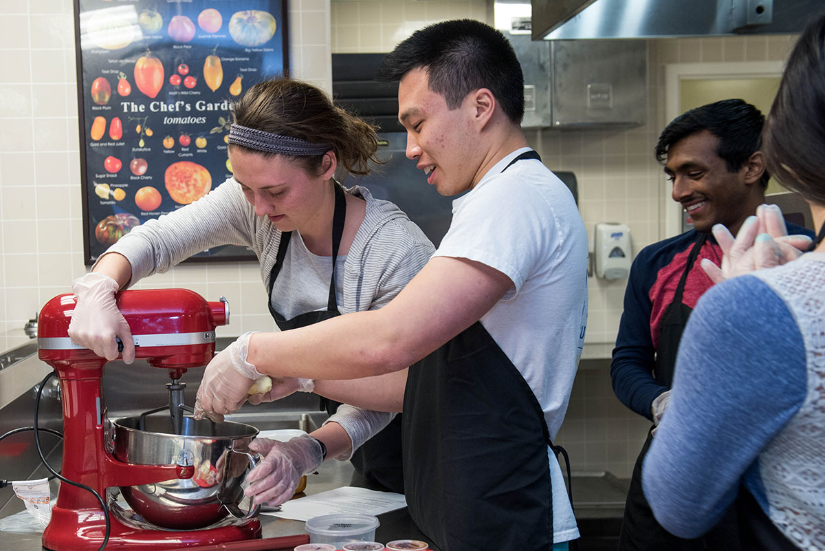 Students working the food service lab in the Ohio Union